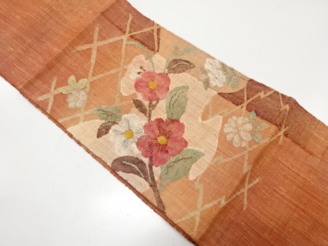 手織り真綿紬　霞に花模様織り出し　名古屋帯